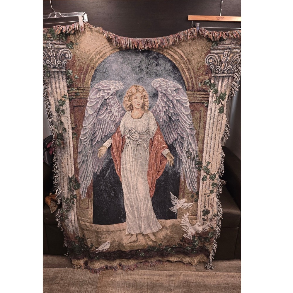 Vintage Woven Tapestry Throw Blanket Angel Wings Doves Fringed Celestial Decor